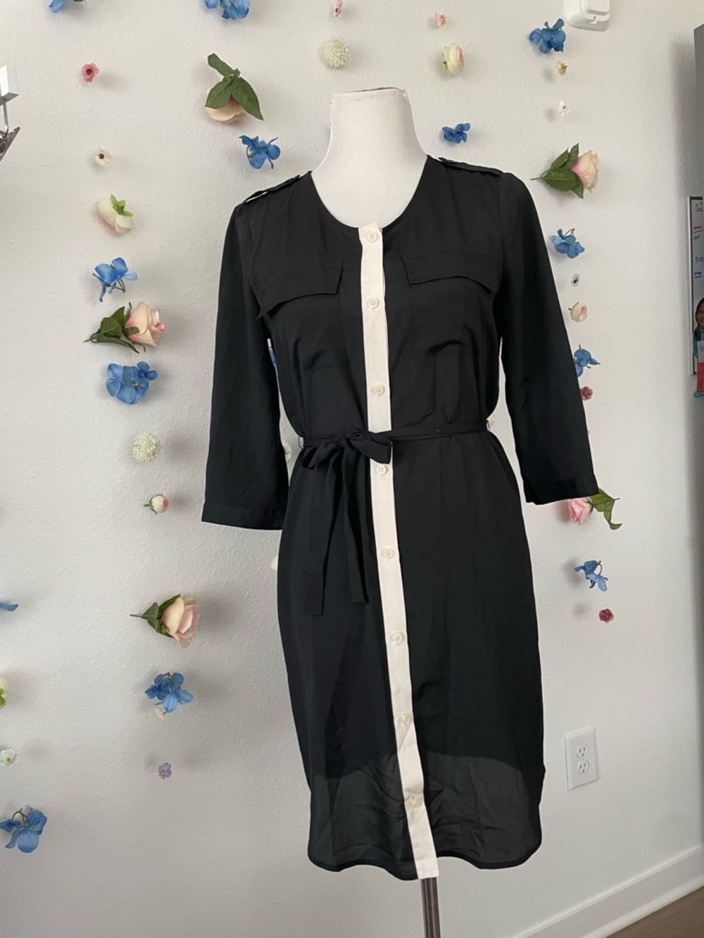 Moda International Black Shirt Dress with Ivory Front Trim